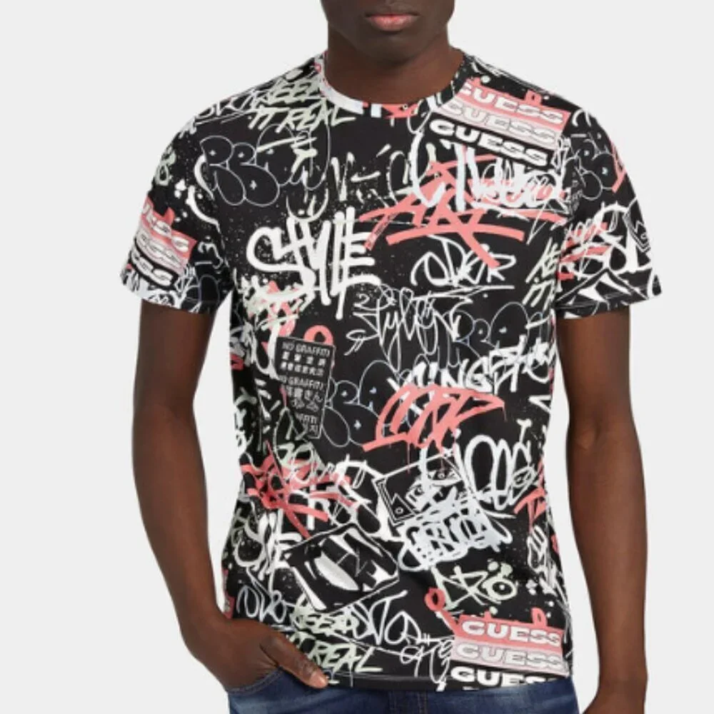 New T-shirt GUESS ECO Black color with stripes slim fit.